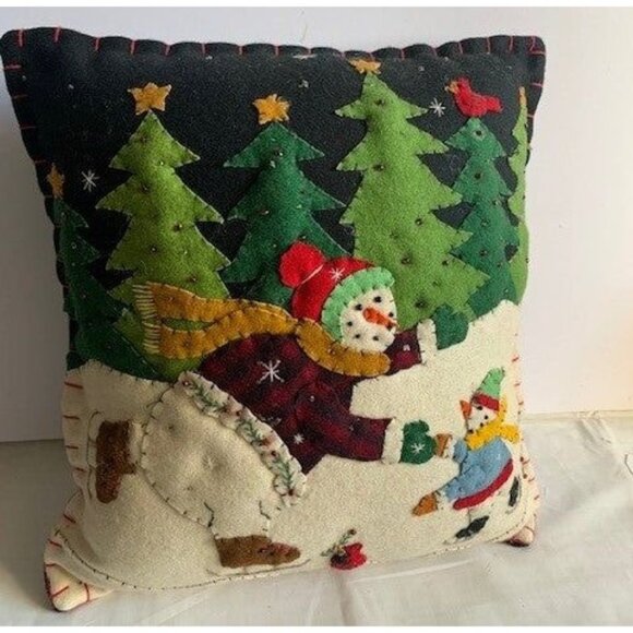 Handmade Winter Snowman & Trees Appliqué Pillow 11"x12" - Picture 1 of 6